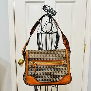 FENDI ZUCCA FF CANVAS AND LEATHER MONOGRAM TRIM SHOULDER BAG VINTAGE ITALY